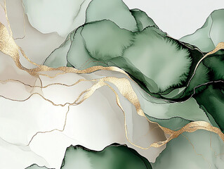 Abstract fluid art with green and gold accents, creating a serene and elegant background