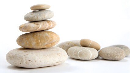 Fototapeta premium Stack of Smooth River Stones in a Balanced Arrangement, Isolated on a White Background, representing harmony, peace, and mindfulness, High-Quality Zen-Inspired Stock Image