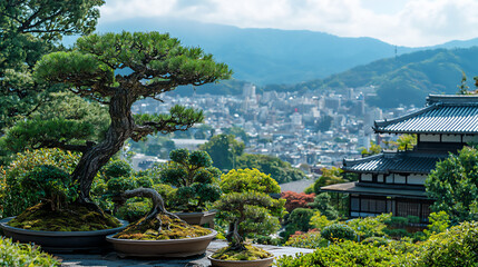 Fototapeta premium temple and city with a traditional bonsai exhibition