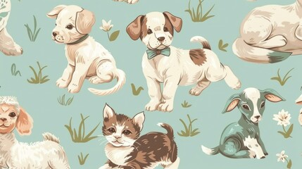 A seamless pattern featuring baby animals such as puppies, kittens, and lambs.