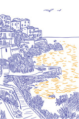 Beautiful summer european travel destination. Hand drawn style of south france or Italy coastline