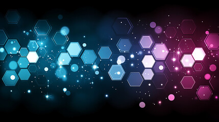 Abstract geometric pattern featuring hexagons and glowing particles in vibrant colors