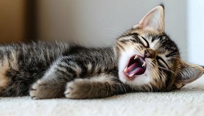 Playful tabby kitten yawning while lounging on a soft surface in a cozy indoor setting