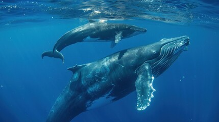 Fototapeta premium A mother and baby whale swimming together in the ocean.