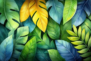 Vibrant leaf patterns nature digital art lush environment close-up botanical aesthetic