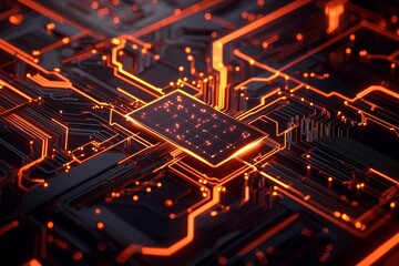 Quantum computing and optimization concept. Futuristic circuit board with glowing lines and nodes.