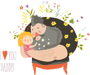 Happy Fathers Day. Daughter hugging her father. Inscription I love dad. Vector illustration