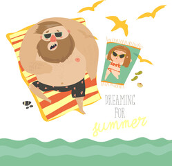 Father and daughter lying on sand. Vector illustration