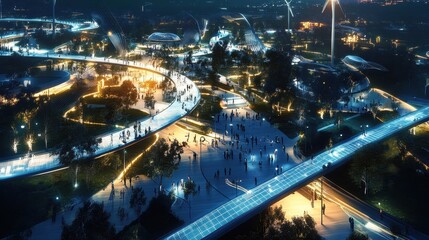 Fototapeta premium Stunning nighttime aerial view showcasing the vibrant lights and architecture of a bustling city skyline.
