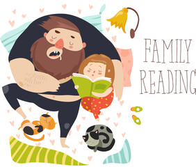 Cute daughter reading bedtime story to his father. Funny cartoon characters. Vector illustration