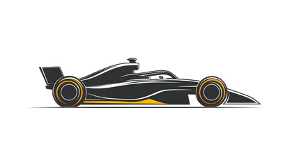 A minimalist black and white logo of an F1 car, featuring a sleek and aerodynamic design with open wheels and a large rear wing. The simple line drawing includes a bright yellow accent for contrast on