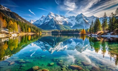 Fototapeta premium Crystal clear lake reflecting snow-capped mountains, peaceful scenery.