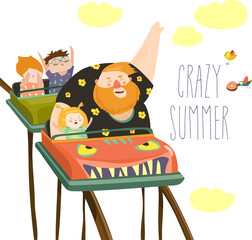 Daddy with kids riding roller coaster in an amusement park. Vector illustration