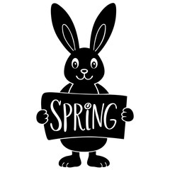 Bunny holding a sign that says spring silhouette vector illustration 