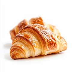 Flaky, golden croissant on a light background. a perfectly baked croissant with flaky layers, buttery and golden brown, isolated on white background 