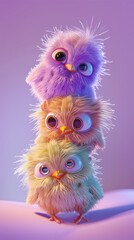 Fototapeta premium Three adorable fluffy cartoon baby birds stacked playfully with cute big eyes and colorful feathers