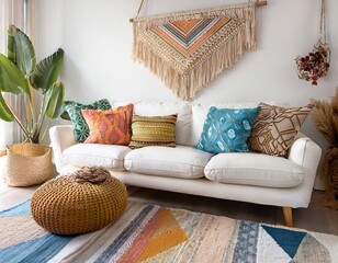 Modern Boho Chic Living Room – Cozy White Sofa with Vibrant Geometric Cushions, Soft Textured Throws, Stylish Wall Art & Fresh Floral Decor – Warm & Inviting Interior Design