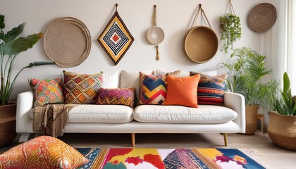 Modern Boho Chic Living Room – Cozy White Sofa with Vibrant Geometric Cushions, Soft Textured Throws, Stylish Wall Art & Fresh Floral Decor – Warm & Inviting Interior Design