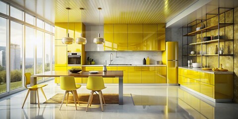 Stylish Yellow Kitchen Interior Design: 3D Render Double Exposure Photography