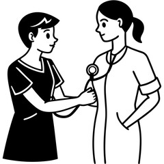 A silhouette of a nurse checking a patient&rsquo;s vital signs with a blood pressure cuff, displaying a calm and caring demeanor