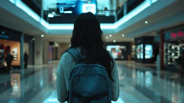 A young woman with a backpack walks through a dimly lit, deserted shopping mall, bathed in cool neon tones. The cinematic composition and moody lighting create an atmosphere of mystery, solitude