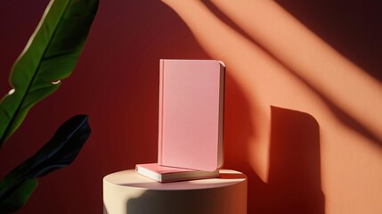 Pink book on a white pedestal against a red wall. the book is open and appears to be a hardcover with a pink cover. the pedestal is round and has a smooth surface.