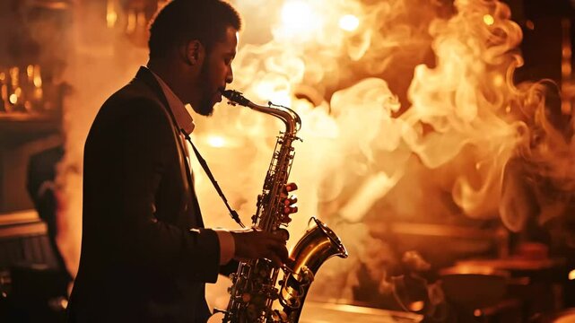 A soulful jazz saxophonist performs in a dimly lit, smoky bar, immersed in warm golden light. The intimate atmosphere, combined with the musician&rsquo;s passion, captures the essence of live jazz music 