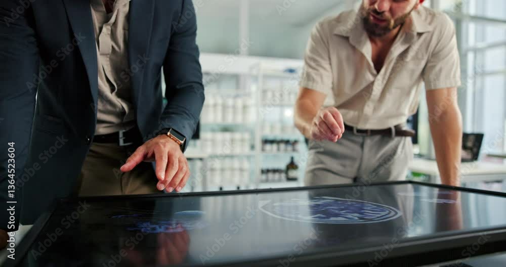 Poster Hands, business people and monitor with interactive display, scan and user experience at biohacking startup. Men, partnership and review for research, results and ui with brain for neurotechnology