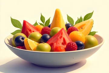 Fruit salad in a bowl, minimal pastel illustration with fresh tropical fruits, soft shadows, and ample negative space