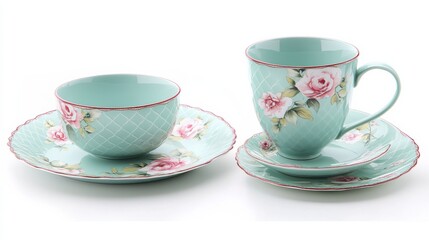Elegant Porcelain Tea Set with Floral Design and Light Blue Color