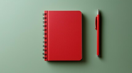 Red notebook with a spiral binding on the left side and a red pen on the right side. the notebook is lying flat on a light green background.