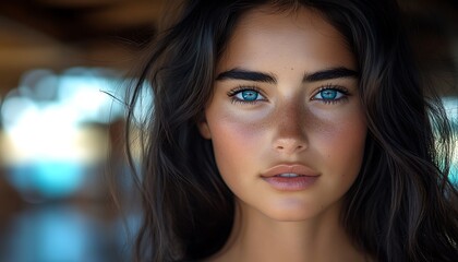 A beautiful woman with stunning blue eyes looks directly at the viewer