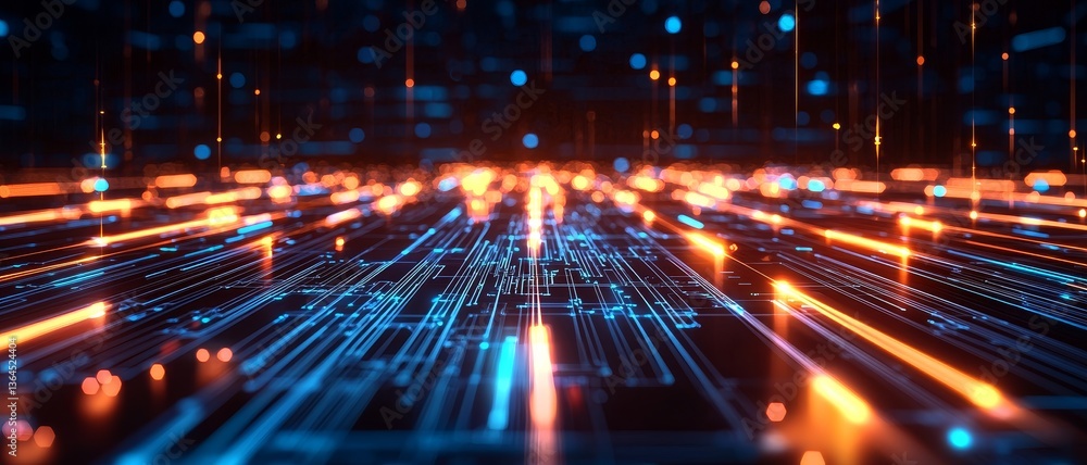 Aufkleber quantum computing and future technology concept. futuristic digital landscape with glowing lines and