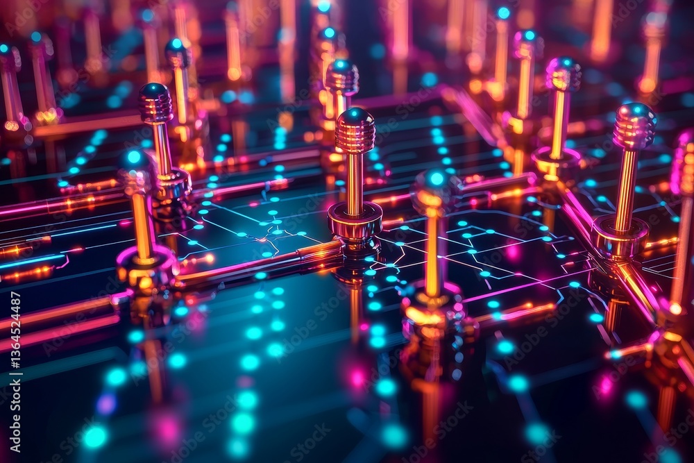 Poster quantum computing and future technology concept. abstract circuit board with vibrant lights and intr