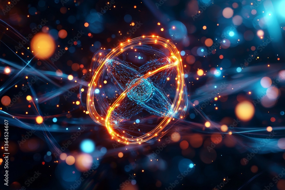 Poster quantum computing and future technology concept. abstract glowing sphere with colorful light particl
