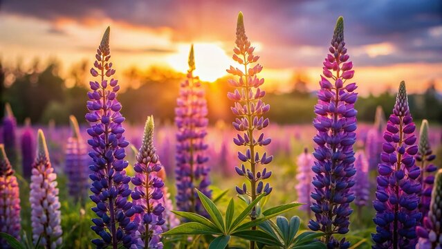 Sunset Meadow Lupins: Vibrant Purple Flowers at Dusk, Low Light Photography