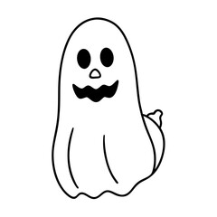 Friendly ghost with a pumpkin line art vector illustration