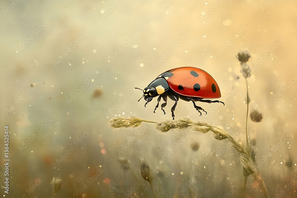 Poster ladybug resting on a blade of grass in a serene and dreamy field