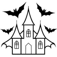 Gothic mansion with bats flying around line art vector illustration