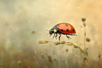 Ladybug resting on a blade of grass in a serene and dreamy field