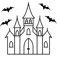 Gothic mansion with bats flying around line art vector illustration