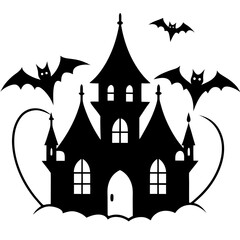 Gothic mansion with bats flying around line art vector illustration