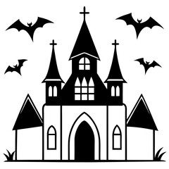 Gothic mansion with bats flying around line art vector illustration