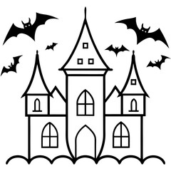 Gothic mansion with bats flying around line art vector illustration