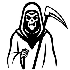 Grim reaper with a scythe and glowing eyes line art vector illustration