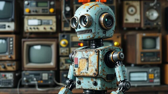 Retro robot exploring antique technology in a vintage electronics workshop