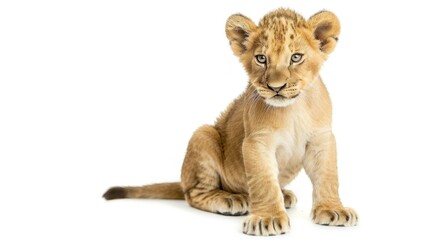 Obraz premium A baby lion cub sitting on a pure white background.