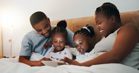 African family, tablet and happy parents with kids in bedroom, streaming movie or watch cartoon in...
