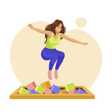 Happy young woman jumping into a foam pit with colorful blocks on a light abstract background. Concept of fun, joy, and indoor activities. Vector illustration