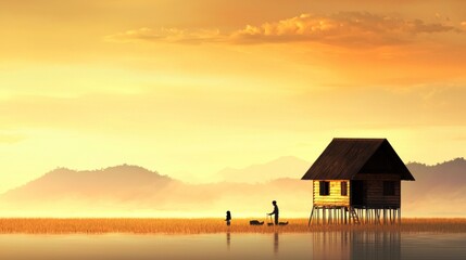 Fishing adventure at sunrise serene lakehouse landscape photography tranquil waters wide angle family bonding
